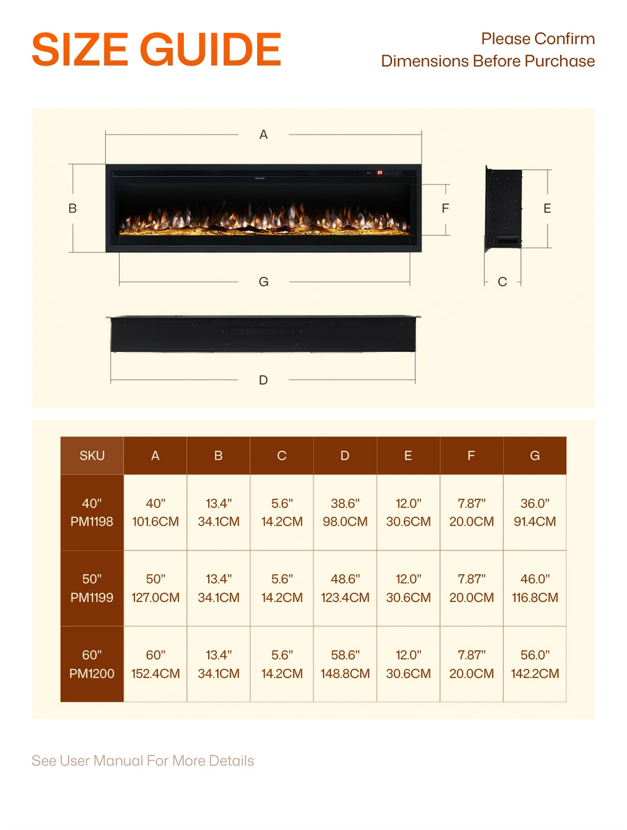 40/50/60 Inch Insert/Wall Mounted LED Electric Fireplace with 12 Flame Colors mobile highlight 2