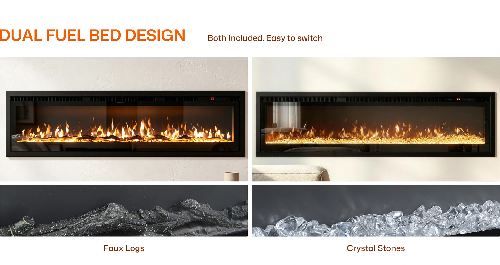 40/50/60 Inch Insert/Wall Mounted LED Electric Fireplace with 12 Flame Colors highlight 3