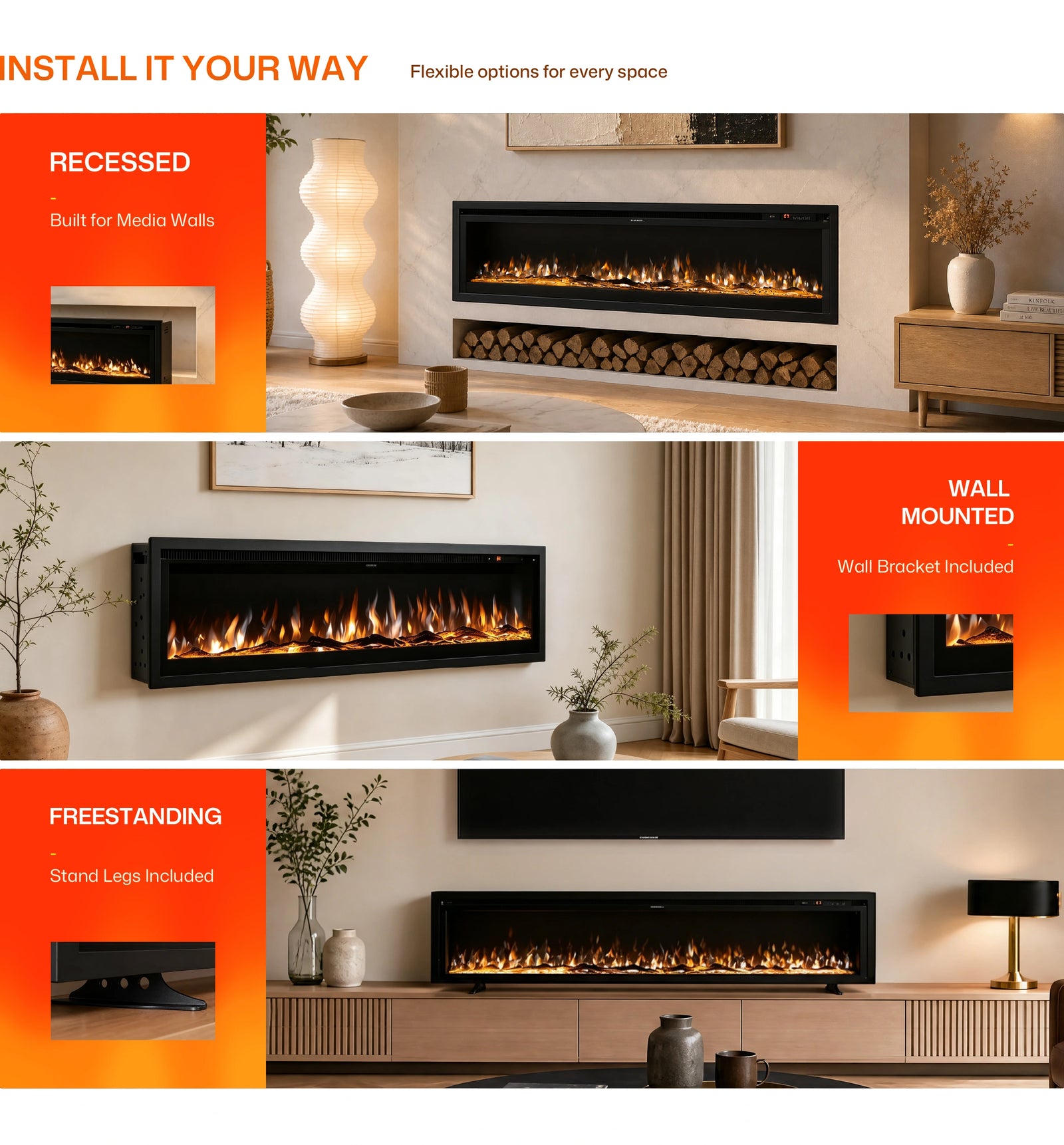 40/50/60 Inch Insert/Wall Mounted LED Electric Fireplace with 12 Flame Colors highlight 4