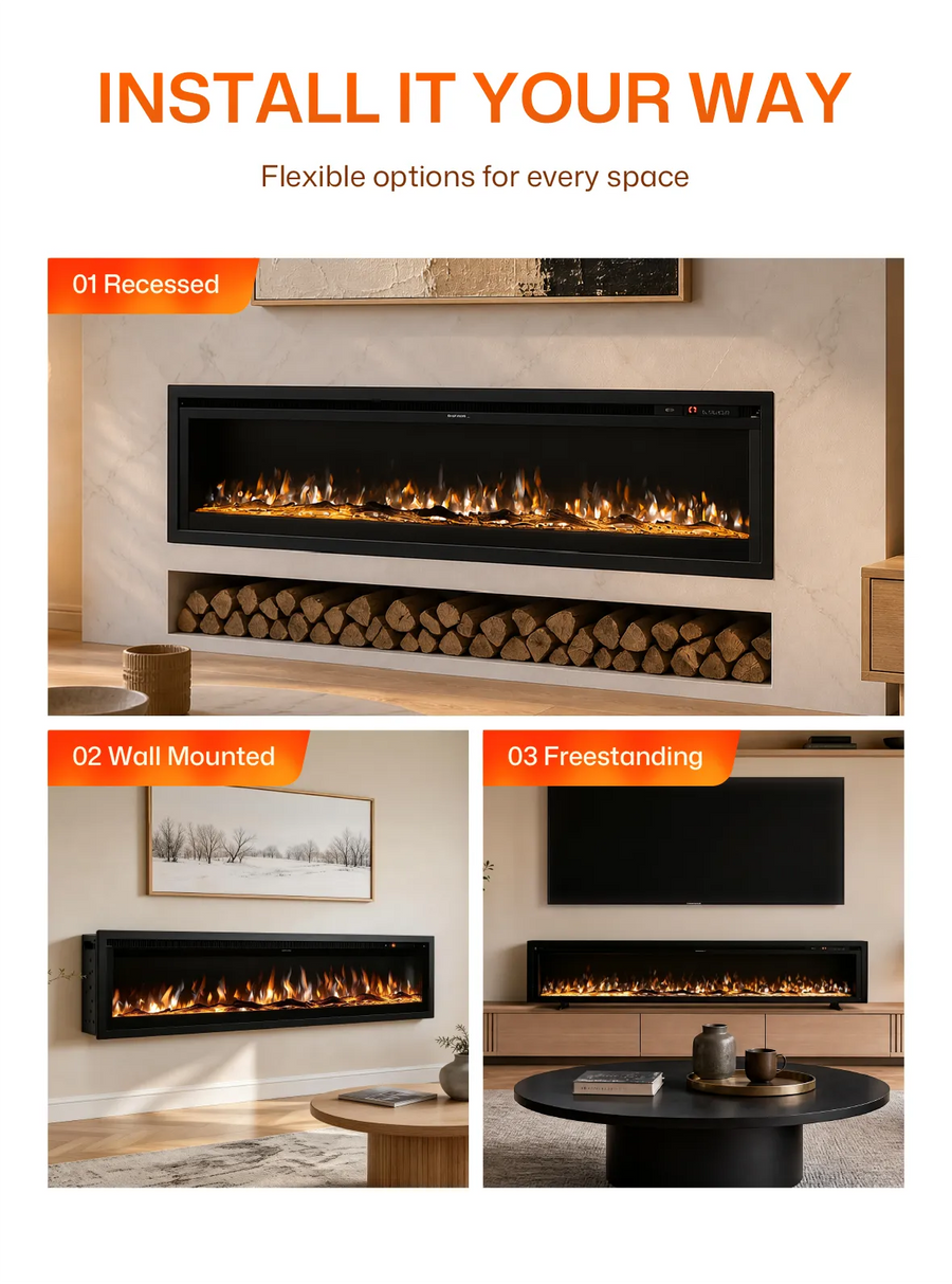 40/50/60 Inch Insert/Wall Mounted LED Electric Fireplace with 12 Flame Colors mobile highlight 4