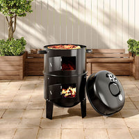4-in-1 Round Outdoor BBQ Charcoal Smoker Grill with Thermometer, Dual Grates & Compact Design