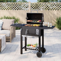 109cm Outdoor Carbon Steel Barbecue with Pull-Out Ash Tray, Cold-Touch Handle & Wheels, Charcoal BBQ Grill with Thermometer & Side Tables