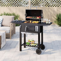 109cm Portable Outdoor Barbecue with Pull-Out Ash Tray & Wheels, Charcoal BBQ Grill with Thermometer & Side Tables