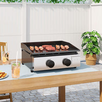 17 Inch Portable Stainless Steel Gas Griddle Outdoor Tabletop Grill, 2-Burner Flat Top BBQ with Enamel-Coated Cooking Surface & Grease Tray